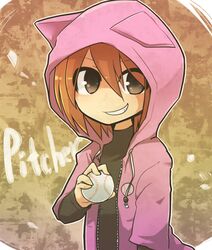  animal_ears animal_hood ball baseball black_shirt brown_background brown_eyes brown_hair cat_ears character_name fake_animal_ears female grin hair_between_eyes holding holding_ball hood hood_up hoodie jiima_tarou layered_clothes minna_no_rhythm_tengoku naughty_face open_clothes open_hoodie pink_hoodie pitcher_(rhythm_tengoku) rhythm_tengoku shaded_face shirt short_hair smile texture turtleneck unzipped upper_body zipper 