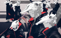  6+boys animal_skull cloak deidara_(naruto) forehead_protector hidan_(naruto) highres horns hoshigaki_kisame kakuzu_(naruto) konan_(naruto) moiko_(moi_pic_) monochrome multiple_boys naruto naruto_(series) pain_(naruto) sasori_(naruto) scythe skull skull_on_head smirk spot_color uchiha_itachi 