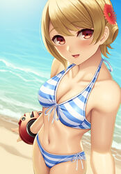  annette_koenig bare_shoulders beach bikini blonde_hair blush breasts brown_eyes cleavage collarbone female flower from_above god_eater hair_bun hair_flower hair_ornament halterneck highres looking_at_viewer navel ocean open_mouth outdoors red_eyes short_hair single_hair_bun smile solo striped_bikini striped_clothes swept_bangs swimsuit watanuki_kaname 