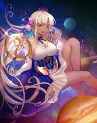  :d bare_legs breasts choker dark-skinned_female dark_skin elbow_gloves female giant giantess gloves hair_ornament highres hololive hololive_english large_breasts light_brown_hair limiter_(tsukumo_sana) long_hair low_twintails nebula open_mouth planet planet_hair_ornament ribbon sagta_panggang sideboob smile solo space space_print star_(sky) starry_sky_print tsukumo_sana tsukumo_sana_(1st_costume) twintails very_long_hair virtual_youtuber yatagarasu_(tsukumo_sana) yellow_eyes 