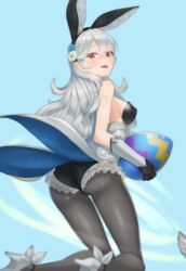  animal_ears aqua_background ass assisted_exposure bare_shoulders black_gloves black_leotard black_pantyhose breasts commentary corrin_(female)_(fire_emblem) corrin_(fire_emblem) easter easter_egg egg fake_animal_ears feh_(fire_emblem_heroes) female fire_emblem fire_emblem_fates fire_emblem_heroes flower from_behind full_body gloves grey_hair hair_between_eyes hair_flower hair_ornament high_heels highres kneeling knightsaru leotard long_hair looking_at_viewer looking_back medium_breasts open_mouth pantyhose playboy_bunny rabbit_ears red_eyes sideboob simple_background solo_focus vambraces white_footwear wind 