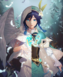  1boy absurdres beret black_hair blue_eyes blue_hair blurry blurry_background blush braid cape cloak closed_eyes cosplay feathered_wings feathers flower frilled_sleeves frills gem genshin_impact gnosis_(genshin_impact) gradient_hair green_hat hair_between_eyes hair_flower hair_ornament hat highres hood hood_up hooded_cloak leaf long_sleeves looking_at_viewer male_focus multicolored_hair open_mouth ribbon smile solo split split_screen split_theme statue_of_the_seven statue_of_the_seven_(cosplay) twin_braids ujou venti_(archon)_(genshin_impact) venti_(genshin_impact) vision_(genshin_impact) white_cloak white_wings wings 