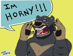  2018 anthro bear belly black_body black_fur bowrb_(character) bowrbbear english_text eyewear fur glasses humanoid_hands male mammal open_mouth overweight overweight_anthro overweight_male simple_background solo text 