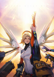  2boys 4girls absurdres ana_(overwatch) arm_grab arm_up at_gunpoint backlighting biting_own_lip blonde_hair blood blue_eyes bodysuit breasts commentary cuts disembodied_hand doomfist_(overwatch) english_commentary english_text fingernails foregrip gun halo hichi highres holding holding_gun holding_weapon injury looking_up mechanical_halo mechanical_wings medium_breasts mercy_(overwatch) moira_(overwatch) multiple_boys multiple_girls orange_sleeves out_of_frame outdoors overwatch overwatch_1 power_fist power_suit reaper_(overwatch) rifle sharp_fingernails shotgun sniper_rifle solo_focus sombra_(overwatch) submachine_gun sun surrounded surrounded_by_guns torn_clothes vertical_foregrip weapon white_bodysuit wings 