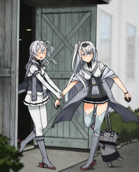  2girls annin_musou bad_id bad_twitter_id black_gloves black_sailor_collar black_skirt blush bodysuit boots chou-10cm-hou-chan_(suzutsuki&#039;s) closed_eyes closed_mouth clothes_writing full_body fuyutsuki_(kancolle) gloves grey_eyes grey_hair grey_legwear grey_neckerchief hachimaki hair_between_eyes headband highres kantai_collection knee_boots long_hair multiple_girls neckerchief one_side_up open_mouth pleated_skirt puffy_short_sleeves puffy_sleeves rudder_footwear sailor_collar school_uniform serafuku short_sleeves skirt smile suzutsuki_(kancolle) thighhighs white_bodysuit white_headwear white_neckerchief white_sailor_collar white_skirt 