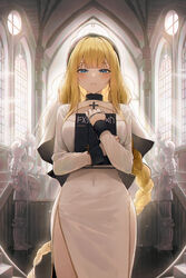  absurdres backlighting black_veil blonde_hair blue_eyes blush book braid breasts cathedral church coif covered_navel cowboy_shot cross dress duplicate female habit highres holding holding_book hugging_book hugging_object indoors knight large_breasts light_rays long_hair long_sleeves looking_at_viewer meoyo nun open_mouth original pelvic_curtain pixel-perfect_duplicate robe second-party_source single_braid solo standing sunbeam sunlight thighs veil very_long_hair white_dress 