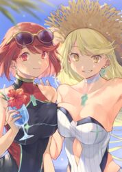  2girls bare_shoulders beach black_one-piece_swimsuit blonde_hair blush breasts commentary_request covered_navel day earrings fujie-yz gem hair_ornament hat headpiece highres jewelry large_breasts long_hair looking_at_viewer matching_earrings multiple_girls mythra_(radiant_beach)_(xenoblade) mythra_(xenoblade) one-piece_swimsuit partial_commentary pyra_(pro_swimmer)_(xenoblade) pyra_(xenoblade) red_eyes red_hair short_hair simple_background strapless strapless_one-piece_swimsuit swept_bangs swimsuit tiara xenoblade_chronicles_(series) xenoblade_chronicles_2 