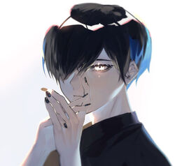  1boy bad_id bad_pixiv_id black_hair commentary glowing glowing_eyes hair_over_one_eye hand_to_own_mouth looking_at_viewer male_focus mizumi_zumi multicolored_hair nail_polish original own_hands_clasped own_hands_together short_hair simple_background two-tone_hair upper_body white_background white_eyes 