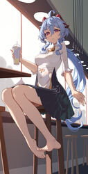  absurdres ahoge bare_legs barefoot black_skirt blue_hair breasts commentary cqc_no_hashi_neko cup disposable_cup feet female ganyu_(genshin_impact) ganyu_(heytea)_(genshin_impact) genshin_impact highres holding holding_cup horns indoors legs long_hair looking_at_viewer medium_breasts official_alternate_costume parted_lips pleated_skirt purple_eyes shirt short_sleeves sitting skirt solo stool toes very_long_hair white_shirt 