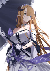  absurdres arknights bare_shoulders blonde_hair blue_eyes breasts chichi_guai commentary dress female gloves highres holding holding_umbrella horns large_breasts long_hair off-shoulder_dress off_shoulder official_alternate_costume parted_lips pointy_ears saileach_(appreciate_fragrance)_(arknights) saileach_(arknights) simple_background solo umbrella upper_body very_long_hair white_background white_dress white_gloves 