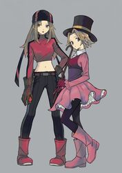  2girls bandana belt belt_buckle black_bandana black_headwear black_pants boots brown_belt brown_eyes brown_gloves brown_hair buckle cane chaser_(pokemon) commentary crop_top full_body gloves grey_background hat highres holding holding_cane holding_poke_ball ittumozzz long_hair midriff multiple_girls navel pants pantyhose pink_footwear pink_skirt poke_ball pokemon pokemon_colosseum shirt simple_background skirt standing street_performer_(pokemon) top_hat 