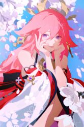  animal_ears artist_name bare_shoulders cherry_blossoms closed_mouth day detached_sleeves earrings eyebrows_hidden_by_hair falling_petals female flower fox_ears genshin_impact hair_between_eyes hand_on_own_cheek hand_on_own_chin hand_on_own_face hands_up head_rest highres jewelry light_smile lips looking_at_viewer petals pink_hair purple_eyes revision shirt signature sky solo sunlight turtleneck white_flower white_shirt white_sleeves wide_sleeves yae_miko yueko_(jiayue_wu) 