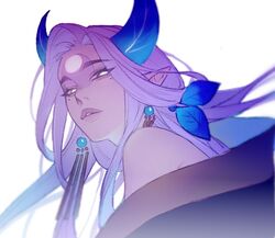  alune_(league_of_legends) crescent crescent_facial_mark facial_mark facial_tattoo female fiiiiiiisher7 forehead_mark gradient_hair horns leaf league_of_legends light_purple_hair long_hair looking_at_viewer mole mole_under_eye multicolored_hair official_alternate_costume official_alternate_hairstyle parted_lips pointy_ears simple_background single_bare_shoulder solo spirit_blossom_(league_of_legends) tattoo upper_body white_background white_eyes 