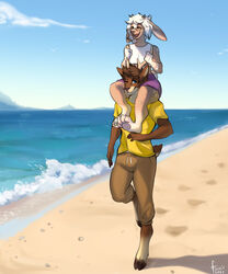  2021 antlers beach blue_eyes blue_sky bottomwear brown_body brown_bottomwear brown_clothing brown_fur brown_hair brown_pants closed_eyes clothed clothing cloud dated duo_focus famir_(artist) fangs fur group hair happy hi_res horn long_ears male open_mouth open_smile orange_body orange_fur outside pants pawpads pink_pawpads purple_bottomwear purple_clothing seaside signature sky smile species_request tan_antlers tan_body tan_fur teeth three-quarter_view topwear white_body white_clothing white_fur white_hair white_topwear yellow_clothing yellow_topwear 