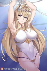  antenna_hair aslindsamure bangs banned_artist bare_shoulders blonde_hair blue_background blush breasts cleavage closed_mouth collarbone covered_navel diadem female gradient gradient_background granblue_fantasy highleg highleg_swimsuit highres jeanne_d&#039;arc_(granblue_fantasy) large_breasts long_hair looking_at_viewer one-piece_swimsuit purple_eyes solo swimsuit thighs white_swimsuit 