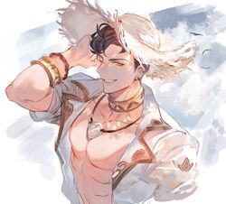  1boy abs absurdres black_hair bracelet earrings gido granblue_fantasy green_eyes hat highres jewelry large_pectorals lobelia_(danger_beckons_by_the_shore)_(granblue_fantasy) lobelia_(granblue_fantasy) male_focus muscular muscular_male necklace official_alternate_costume one_eye_closed open_clothes open_shirt pectorals shirt short_hair smile solo teeth upper_body white_hat white_shirt 