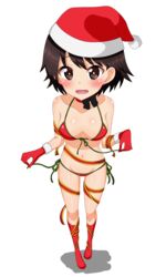  absurdres bad_id bad_pixiv_id bikini blush boots choker christmas commentary female front-tie_bikini_top front-tie_top full_body girls_und_panzer gloves hat highres isobe_noriko looking_at_viewer medium_hair navel open_mouth perspective red_bikini red_choker red_footwear red_gloves red_hat red_ribbon ribbon santa_bikini santa_boots santa_gloves santa_hat side-tie_bikini_bottom simple_background solo standing swimsuit tanutika untying white_background 