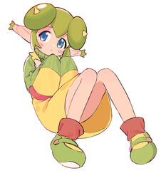  bad_id bad_pixiv_id blue_eyes blush_stickers commentary female full_body green_hair highres horns knees_together_feet_apart kona_ming lidelle_(puyopuyo) looking_at_viewer pointy_ears puyopuyo puyopuyo_fever simple_background sleeves_past_fingers sleeves_past_wrists solo turtleneck very_long_sleeves white_background 