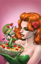  artist_name bowl cereal commentary dated david_nakayama dc_comics english_commentary english_text female flower food gloves green_eyes green_gloves green_leotard hair_flower hair_ornament highres holding holding_bowl holding_food initial leotard long_hair orange_hair pink_background plant poison_ivy red_flower red_rose rose simple_background solo upper_body venus_flytrap vines 