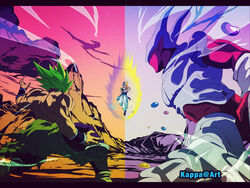  3boys arms_at_sides aura baggy_pants battle broly_(dragon_ball_super) colorful commentary_request crossed_arms dragon_ball dragon_ball_super dragon_ball_super_broly dragon_ball_z dual_persona fighting_stance fingernails floating from_behind gogeta green_hair highres janemba kappa_(moonsidekanade) legendary_super_saiyan legs_apart letterboxed male_focus metamoran_vest mountain multiple_boys muscular muscular_male pants pink_background purple_background spiked_hair split_screen super_saiyan super_saiyan_1 super_saiyan_blue topless_male torn_clothes twitter_username white_pants wind wristband 