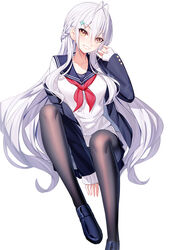  antenna_hair black_pantyhose black_skirt blue_footwear blue_sailor_collar braid collarbone commentary_request female grey_hair hair_between_eyes hair_ornament hairclip highres loafers long_hair long_sleeves looking_at_viewer neckerchief original pantyhose red_neckerchief ririko_(zhuoyandesailaer) saegusa_riko sailor_collar school_uniform serafuku shoes simple_background sitting skirt smile solo very_long_hair white_background yellow_eyes 