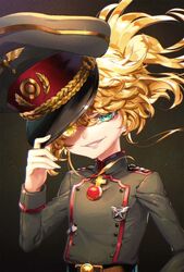  ahoge belt blonde_hair blue_eyes female flat_chest glowing glowing_eyes grin hair_between_eyes hat heterochromia long_hair long_sleeves looking_at_viewer medal military military_hat military_uniform open_mouth sawashi_(ur-sawasi) short_hair smile solo tanya_degurechaff teeth uniform yellow_eyes youjo_senki 