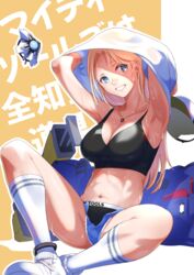  absurdres anklet armpits arms_up bag bandaid bandaid_on_face bandaid_on_nose bare_shoulders black_panties black_sports_bra blonde_hair blue_eyes blue_shorts blush breasts centi_(nikke) centi_(supreme_holiday)_(nikke) cleavage clothes_writing collarbone commentary_request crop_top cutoffs denim denim_shorts duffel_bag female full_body fune_(fune93ojj) goddess_of_victory:_nikke grin hair_behind_ear highres jewelry kneehighs large_breasts long_hair looking_at_viewer midriff navel necklace official_alternate_costume open_fly panties partially_unzipped shirt shoes short_shorts shorts sitting smile sneakers socks solo sparkling_sweat sports_bra sweat thighs underwear undressing white_shirt white_socks 