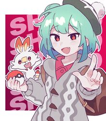  :d adan_imas backpack bad_id bad_twitter_id bag cardigan cosplay crossover female gloria_(pokemon) gloria_(pokemon)_(cosplay) green_hair grey_cardigan hair_bun hat highres holding holding_poke_ball hololive medium_hair oerba_yun_fang open_mouth pointing poke_ball poke_ball_(basic) pokemon pokemon_(creature) pokemon_swsh red_background red_eyes scorbunny single_hair_bun smile tam_o&#039;_shanter uruha_rushia virtual_youtuber 