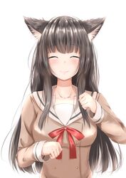  ^_^ absurdres animal_ears bad_id bad_pixiv_id bang_dream! black_hair blush buttons cat_ears clenched_hands closed_eyes double-breasted facing_viewer female hanasakigawa_school_uniform highres kemonomimi_mode kisaragi_yaya long_hair long_sleeves neck_ribbon paw_pose red_ribbon ribbon sailor_collar school_uniform shirokane_rinko simple_background smile solo upper_body white_background 