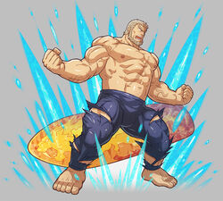  1boy abs bara biceps blonde_hair body_hair brendan_(fire_emblem) bulge fighting_stance fire_emblem fire_emblem:_the_blazing_blade full_body large_pectorals leggings male_focus male_swimwear muscular muscular_male navel nipples old old_man open_mouth outstretched_arms pants pectorals scar scar_across_eye scar_on_chest scar_on_face sideburns smile solo spread_arms stomach surfboard thick_thighs thighs topless_male torn_clothes torn_pants veins zelo-lee 