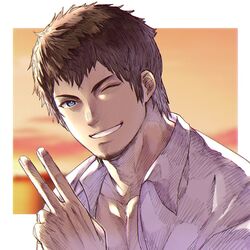  1boy ardbert_hylfyst blue_eyes brown_hair collared_shirt facial_hair final_fantasy final_fantasy_xiv hand_up hyur looking_at_viewer male_focus one_eye_closed shirt short_hair smile solo stubble teeth upper_body v white_shirt zanki 