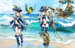  2girls absurdres bad_id bad_pixiv_id beach bikini bird black_bikini blue_bikini blue_hair blue_jacket breasts covered_nipples day floating_hair greatwhite1122 gundam gundam_narrative hair_behind_ear hat highres humanization jacket leaning_to_the_side long_hair looking_at_viewer mecha_musume midriff multicolored_hair multiple_girls navel ocean open_hands outdoors parrot pirate_hat pirate_ship rita_bernal small_breasts smile streaked_hair swimsuit thighhighs unicorn_gundam_phenex waves 