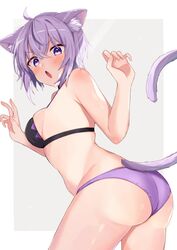  ahoge animal_ears ass bikini blush breasts cat_ears cat_tail female highres hololive looking_back medium_breasts moonbell nekomata_okayu oerba_yun_fang purple_eyes purple_hair surprised swimsuit tail virtual_youtuber 