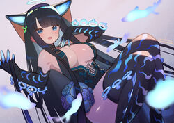  bare_shoulders black_dress black_gloves black_hair black_headwear black_thighhighs blue_eyes blue_fire blunt_bangs blush breasts center_opening cleavage dress elbow_gloves fate/grand_order fate_(series) female fire gloves hair_ornament halo large_breasts leaf_hair_ornament long_hair looking_at_viewer neon_trim open_mouth purple_hair smile solo thighhighs very_long_hair yang_guifei_(fate) yang_guifei_(third_ascension)_(fate) zenshin 