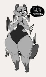  2022 absurd_res anthro athletic_wear belly biped black_and_white dialogue digital_media_(artwork) english_text female flat_chested foxialewd hi_res huge_hips huge_thighs kaz_(foxialewd) looking_at_clothing looking_at_object looking_at_self mammal monochrome mustelid musteline solo speech_bubble standing stoat talking_to_viewer text thick_thighs true_musteline weasel wide_hips 