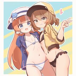  2girls akikawa_yayoi_(umamusume) arms_behind_back bikini blue_eyes blush brown_eyes brown_hair collarbone commentary commentary_request flat_chest hair_between_eyes hair_ornament hat heart highres long_hair looking_at_viewer multiple_girls navel open_mouth orange_hair rotasu_(rotasqqfv) satake_mei striped striped_background swimsuit umamusume v 