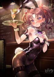  animal_ears armband armpits bar_(place) bare_shoulders black_bow black_bowtie black_leotard blush bottle bow bowtie breasts brown_hair cocktail collar commentary contrapposto covered_navel cowboy_shot detached_collar dot_nose drinking_straw emblem english_text fake_animal_ears fake_tail female fishnets gekota groin hairbow hands_up highres holding holding_sign holding_tray indoors leotard light long_hair needle pantyhose parted_bangs parted_lips playboy_bunny rabbit_ears rabbit_tail red_bow red_eyes shelf shirai_kuroko sign signature small_breasts smile solo strap_lift strapless strapless_leotard tail teeth thigh_strap thighs throwing_needles toaru_kagaku_no_railgun toaru_majutsu_no_index tray twintails wavy_hair white_collar wine_bottle wooden_wall wrist_cuffs yonabe 