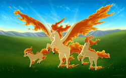  cloud equid equine female fire generation_1_pokemon male mammal mountain mythological_creature mythological_equine mythology nintendo on_hind_legs pegasus plains pokemon pokemon_(species) ponyta prancing radiance rapidash unknown_artist wings 