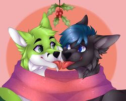  5:4 absurd_res anthro black_nose blue_body blue_eyes blue_fur blue_hair canid canine canis christmas clothed clothing damian_the_wolfdog digital_media_(artwork) domestic_dog duo english_text fidget_the_fox fox french_kissing fur green_body green_eyes green_fur hair hi_res holidays holly_(plant) hybrid kissing licking licking_tongue male mammal plant psina808 scarf simple_background smile text tongue tongue_out white_body white_fur wolf wolfdog 