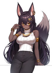  absurdres animal_ear_fluff animal_ears arm_support bare_shoulders black_hair black_pants breasts brown_eyes commission dark-skinned_female dark_skin denim ear_piercing female hair_between_eyes hand_up highres iznal jeans long_hair original pants piercing ribbed_sweater simple_background sleeveless sleeveless_turtleneck solo sweater tail turtleneck turtleneck_sweater very_long_hair white_background white_sweater 