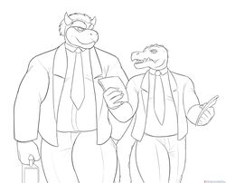  alligator alligatorid alternate_universe anthro bowser business_suit clothing cregon crocodile crocodilian crocodylid duo eyebrows hand_in_pocket hi_res horn koopa line_art male mario_bros necktie nintendo patreon patreon_logo pockets reptile roommates_(comic) scalie shell-less spelunker_sal suit thick_eyebrows 