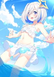  :d amane_kanata angel angel_wings asymmetrical_bangs bare_shoulders bikini bikini_skirt blue_hair blue_sky blush bob_cut chiyonekoko cloud colored_inner_hair commentary_request day feathered_wings female grey_hair groin hair_between_eyes hair_over_one_eye halo highres hololive multicolored_hair navel open_mouth outdoors pink_hair purple_eyes scrunchie short_hair single_hair_intake sky smile solo star_halo stomach streaked_hair swimsuit virtual_youtuber wading water white_bikini white_wings wings wrist_scrunchie 