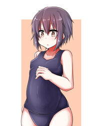  :o breasts brown_background brown_eyes collarbone commentary_request female hair_between_eyes hand_on_own_stomach highres looking_at_viewer nagato_yuki one-piece_swimsuit open_mouth purple_hair school_swimsuit short_hair simple_background sleeveless small_breasts solo suzumiya_haruhi_no_yuuutsu swimsuit t_(dyuhuhudyukusi) two-tone_background white_background 