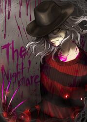  1boy a_nightmare_on_elm_street bad_id bad_twitter_id black_hat black_sweater blood blood_on_clothes blood_on_face brown_eyes character_name claws commentary_request cosplay danganronpa_(series) danganronpa_2:_goodbye_despair dead_by_daylight doggye_(zginrwsn) freddy_krueger freddy_krueger_(cosplay) gloves hair_between_eyes hat highres korean_commentary long_sleeves looking_at_viewer male_focus medium_hair pink_blood red_sweater single_glove solo striped_clothes striped_sweater sweater 