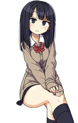  :&lt; black_eyes black_hair black_socks cardigan crossed_legs female invisible_chair kneehighs long_hair maruput original school_uniform sitting sleeves_past_wrists socks solo white_background 