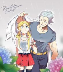  1boy belt blonde_hair blue_eyes breasts chimaki_(impressiveanarchy) copyright_name dated earrings female flower gian_(saga) hydrangea jewelry long_hair myriam_(saga) nail_polish necklace open_mouth rain romancing_saga_minstrel_song saga skirt smile thighhighs twintails 