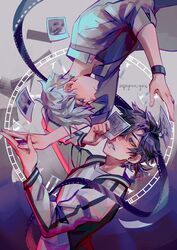  2boys absurdres black_hair cheng_xiaoshi collared_shirt film_strip green_eyes highres holding holding_photo lu_guang male_focus multiple_boys photo_(object) profile red_eyes shiguang_dailiren shirt signature watch white_hair white_shirt wristwatch zephyrine-gale 