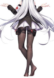  am1m arknights armband bare_shoulders black_dress black_pantyhose cross dress facing_away female from_behind hands_up head_out_of_frame highres long_hair long_legs long_sleeves no_shoes pantyhose pouch short_dress simple_background solo standing thigh_pouch very_long_hair warfarin_(arknights) white_background white_hair 