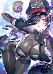  black_gloves black_surge_night breasts calder chinese_commentary choker cleavage commentary_request corruption dark_persona earrings female gloves hair_over_one_eye hat highres huge_breasts jewelry large_breasts long_hair looking_at_viewer military_hat pink_hair purple_hair single_earring solo tongue tongue_out yorktown_(black_surge_night) 