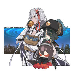  1boy absurdres armor black_gloves black_hair body_armor breasts burger cape character_doll chinese_clothes cleavage_cutout clothing_cutout commentary doll dumpling eating fate/grand_order fate_(series) feet_out_of_frame female food gloves hair_between_eyes hair_ornament hair_over_one_eye hair_stick hat highres holding holding_doll holding_food long_hair long_sleeves looking_away medium_hair mole mole_under_eye multicolored_hair new_york_city odysseus_(fate) official_alternate_costume pectorals red_hair small_breasts space_xu_fu_(fate) straight_hair streaked_hair symbol-only_commentary text_background tia_(cocorosso) two-tone_hair white_hair xu_fu_(fate) yellow_eyes yu_mei-ren_(fate) 